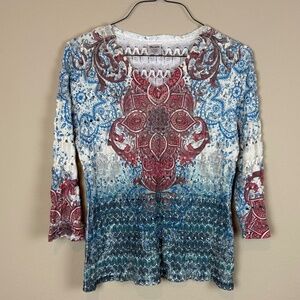 Wrangler Blue/Red/Cream Lightweight Knitted V-Neck Long Sleeve Shirt; Size M